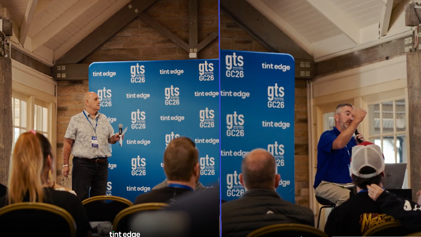 Michael Miller and Alex Koulouris speaking on stage at a window-tinting industry conference
