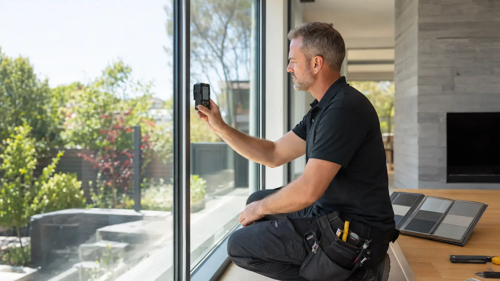 A professional window-film installer assessing glazing before selecting a film